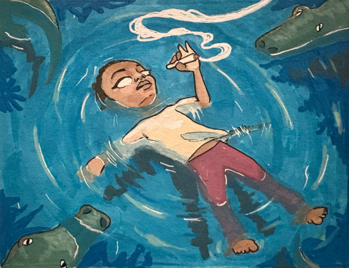 A child floats in water, smoking, surrounded by large alligators in a stylized scene.