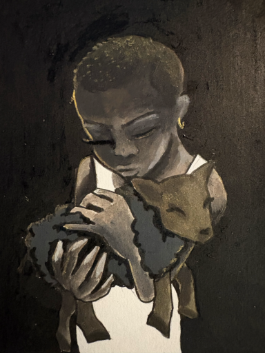 A child in a white shirt gently holds a small sheep, with a dark background.