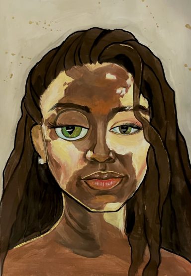 Portrait of a person with long dark hair, striking green eyes, and warm skin tones.